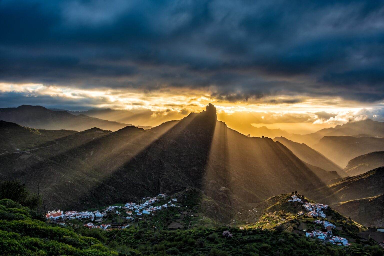 A breathtaking view of the bentayga rock near the village of Tejeda at sunset